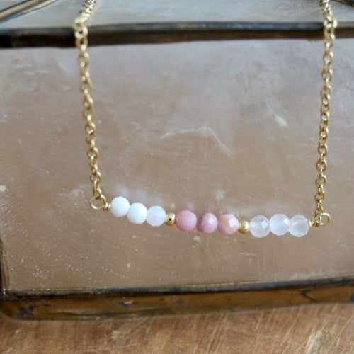 Ketting - 'Bar' - Bergkristal, Rhodoniet, Maansteen