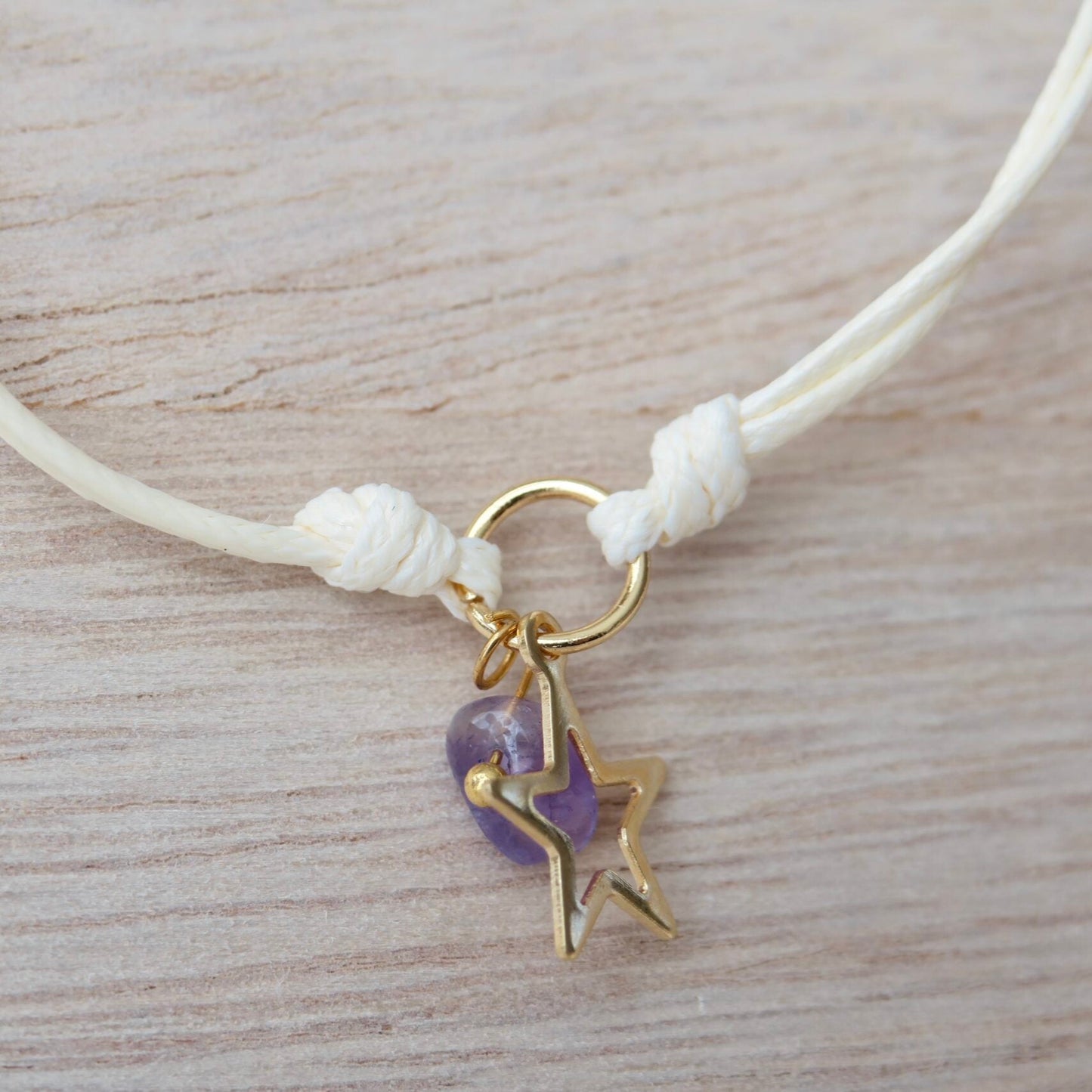 Armband met Gewaxed Katoen - "Weave Creme" - Ster & Amethist