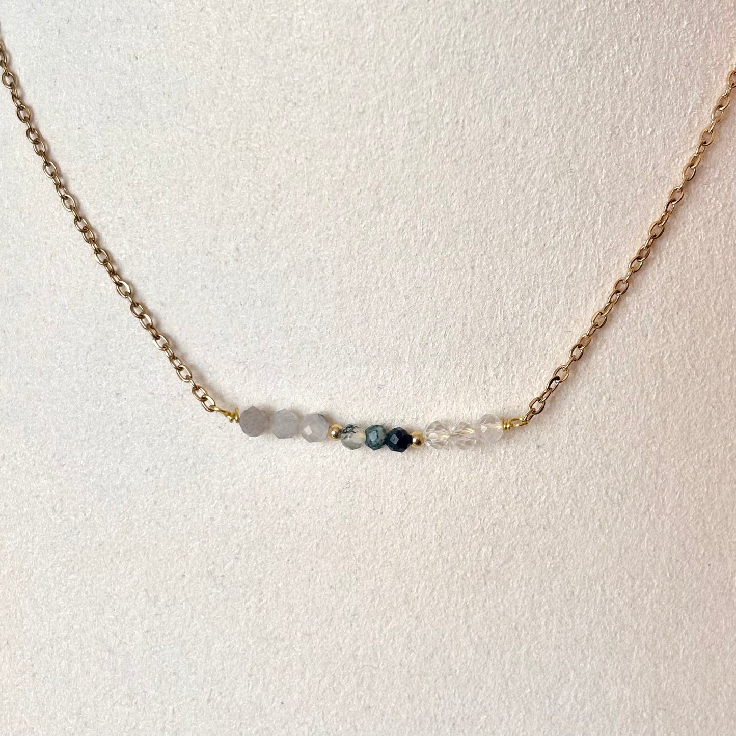 Ketting - 'Bar' - Labradoriet, Mosagaat, Bergkristal