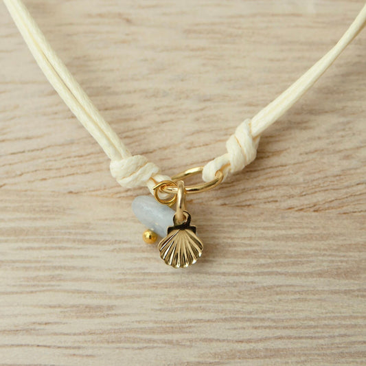 Armband met Gewaxed Katoen - "Weave Creme" - Schelp & Aquamarijn