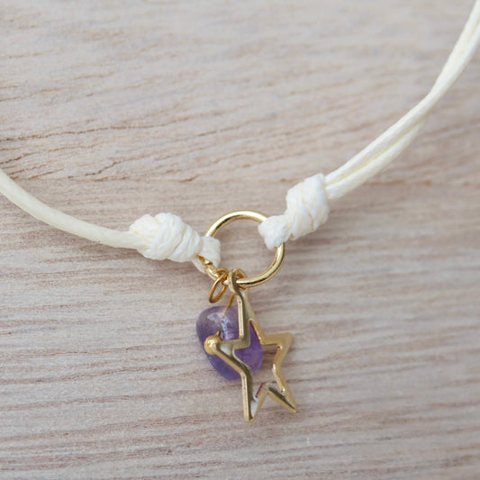 Armband met Gewaxed Katoen - "Weave Creme" - Ster & Amethist