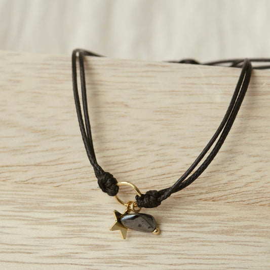 Armband met Gewaxed Katoen - "Weave Black" - Ster & Hematiet