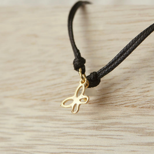 Armband met Gewaxed Katoen - "Weave Black" - Vlinder & Maansteen