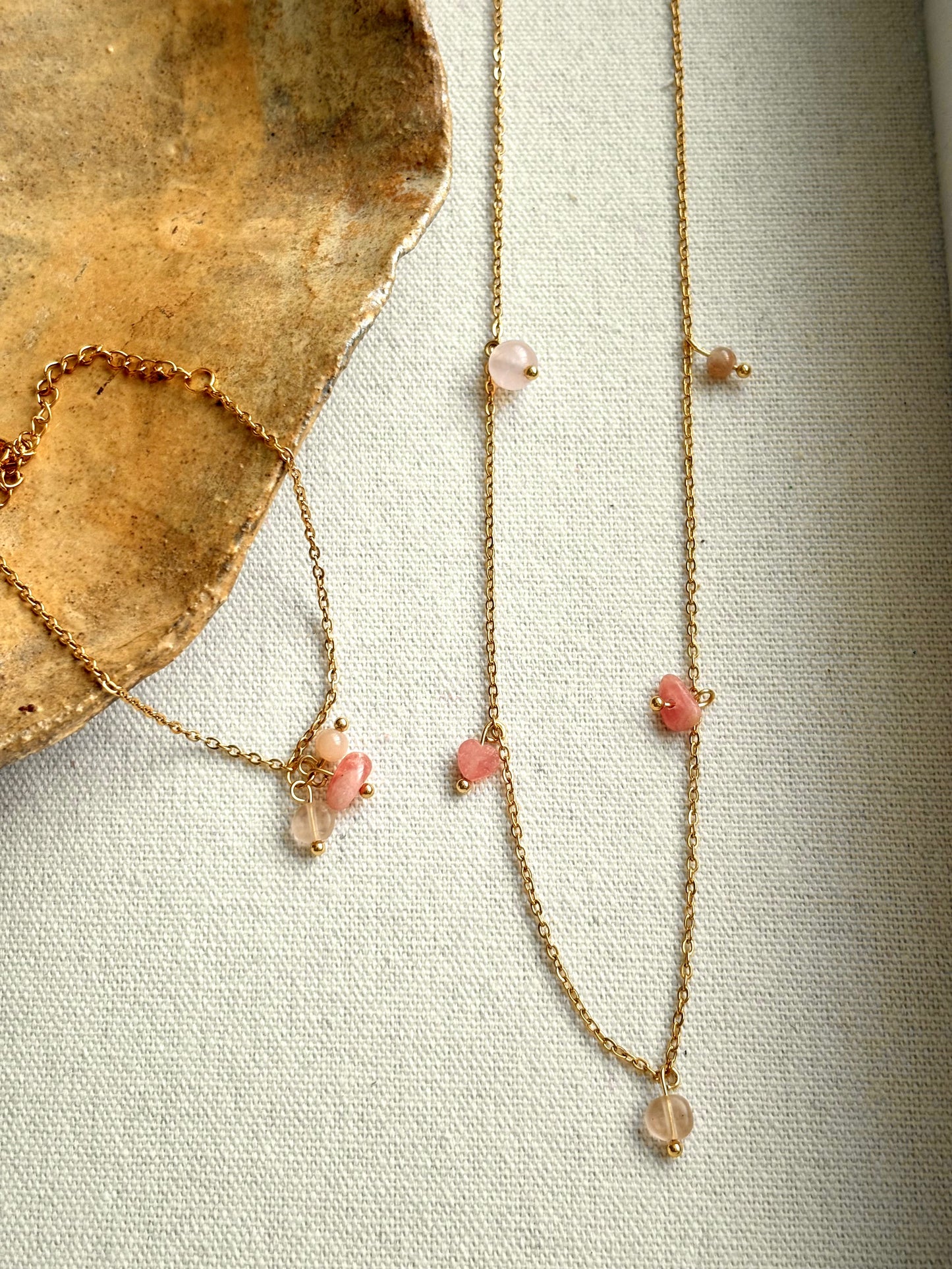 Sieradenset ketting en armband - Rozenkwarts & Rhodoniet